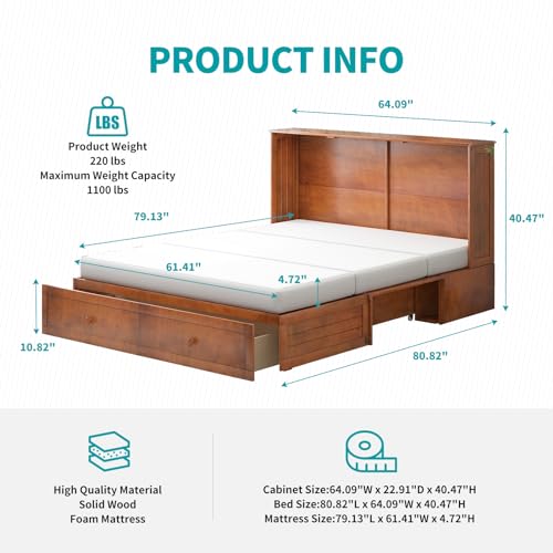 BALUS Murphy Bed Cabinet,Queen Murphy Bed with Tri-fold Mattress & USB Charging Station,Modern Wall Chest Beds with Folding Night Stand Trays and Storage Drawers for Bedroom Living Room,Grey-Blue - Image 13