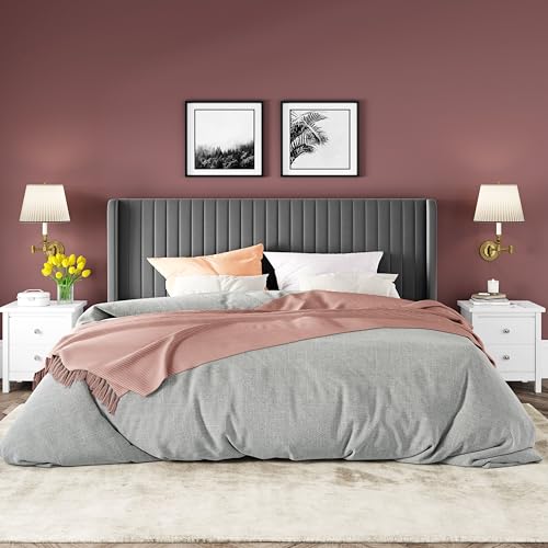 Allewie Queen Size Velvet Bed Frame/Vertical Channel Tufted Wingback Headboard/Upholstered Platform Bed/Strong Wooden Slats/No Box Spring Needed/Easy Assembly/Black - Image 70