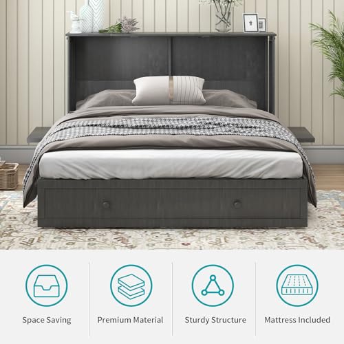 BALUS Murphy Bed Cabinet,Queen Murphy Bed with Tri-fold Mattress & USB Charging Station,Modern Wall Chest Beds with Folding Night Stand Trays and Storage Drawers for Bedroom Living Room,Grey-Blue - Image 25